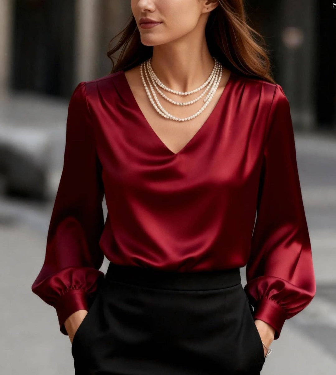 TD Wholesale Apparel - Women's Satin V-Neck Long-Sleeve Puff-Sleeve Blouse