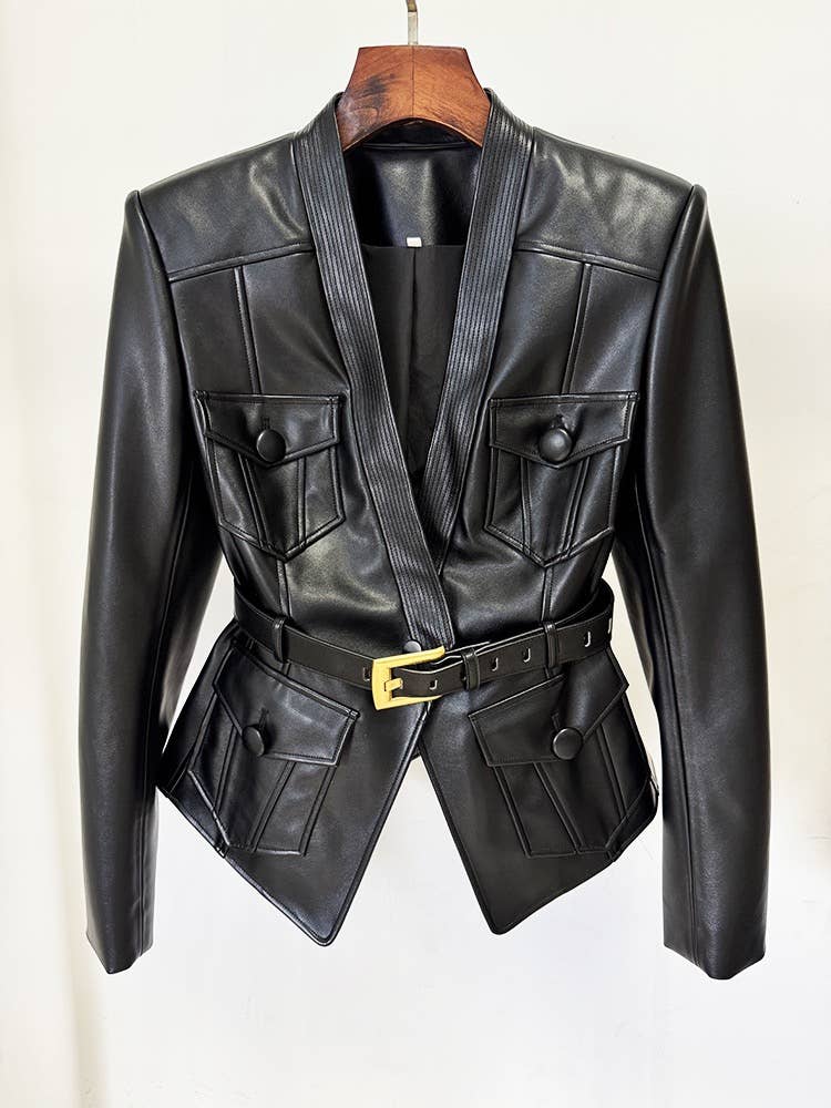 Belted Faux Leather Jacket