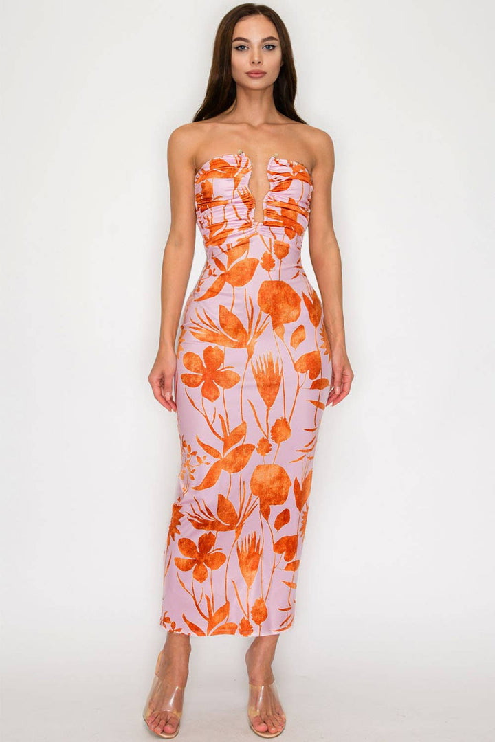 Deep V Ruched Floral Dress