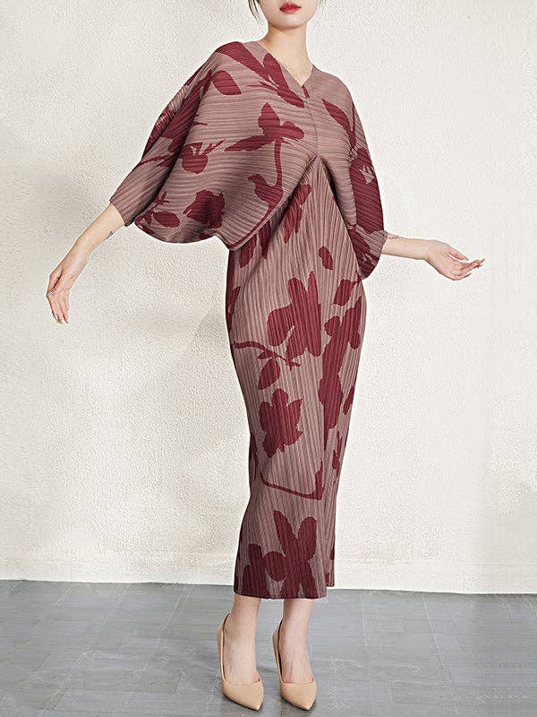 OceanusSwim - Batwing Sleeves Loose Pleated Printed V-Neck Midi Dresses