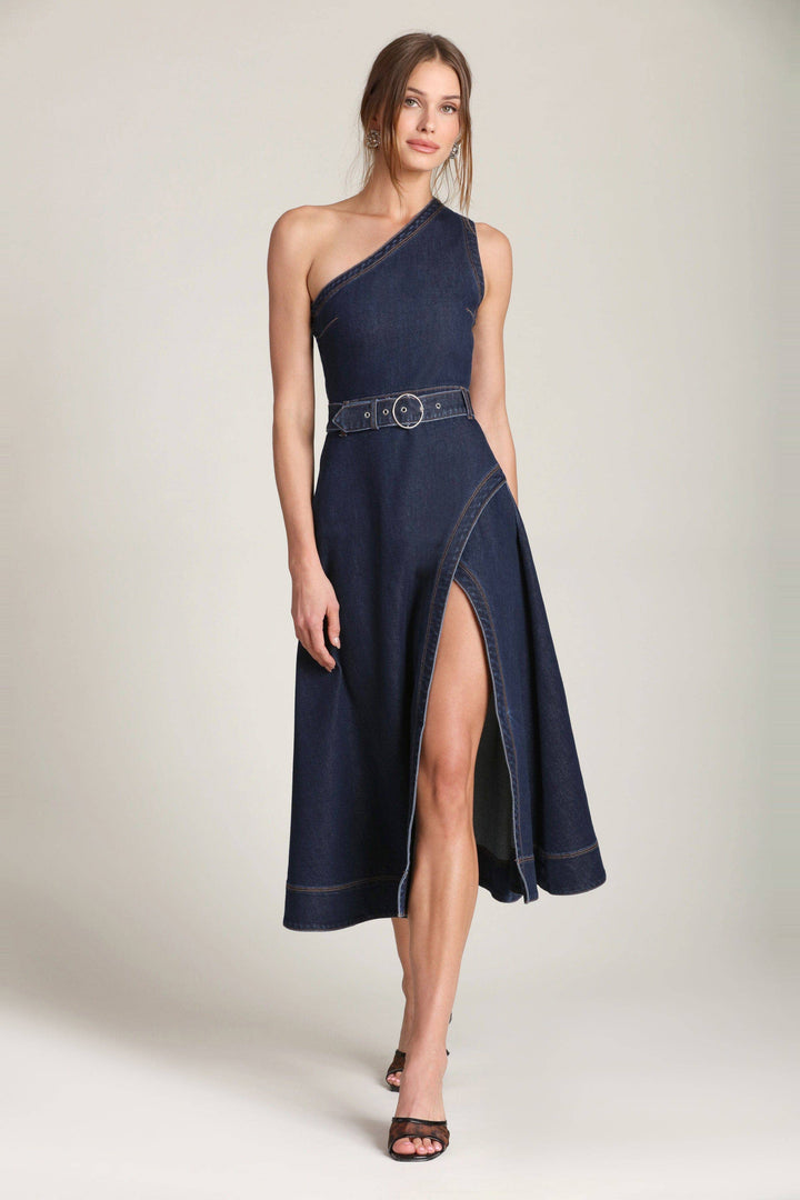 One Shoulder Belted Denim Midi Dress