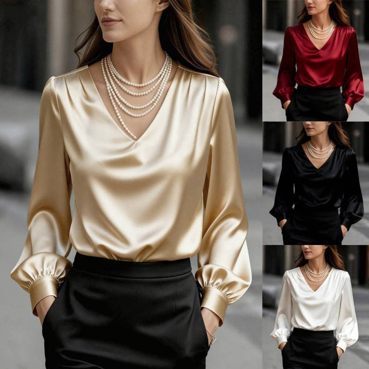 TD Wholesale Apparel - Women's Satin V-Neck Long-Sleeve Puff-Sleeve Blouse
