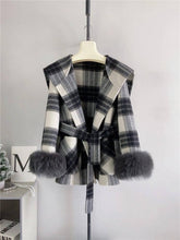 Load image into Gallery viewer, Plaid Cashmere Coat with Faux Fur and Removable Hood