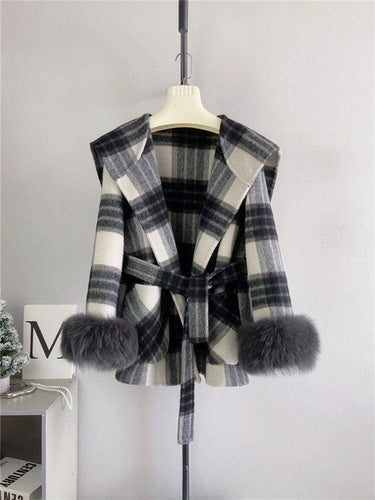 Plaid Cashmere Coat with Faux Fur and Removable Hood