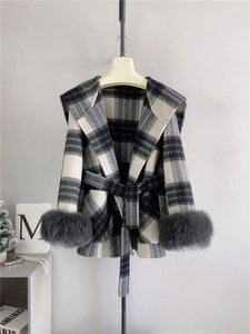 Plaid Cashmere Coat with Faux Fur and Removable Hood