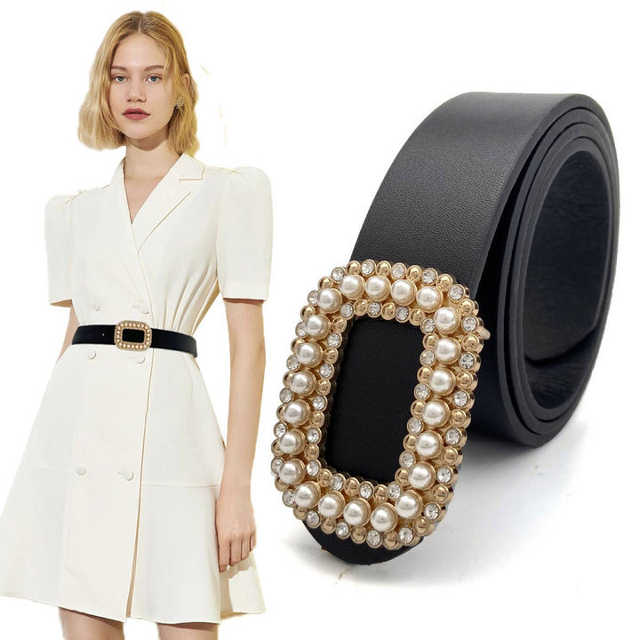 ACCITY - WOMEN ROUND DIAMOND PEARL BUCKLE BELT FOR JEANS_CWABE0130