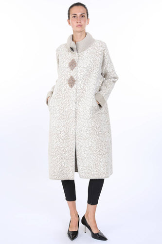Floral Jacquard Print Embellished Coat-Biege