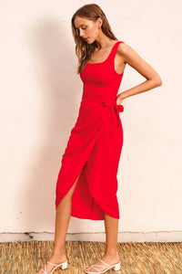 Dress Forum - Cotton Linen Tulip Hem Midi Wrap Dress (1) - L / RED ROUGE