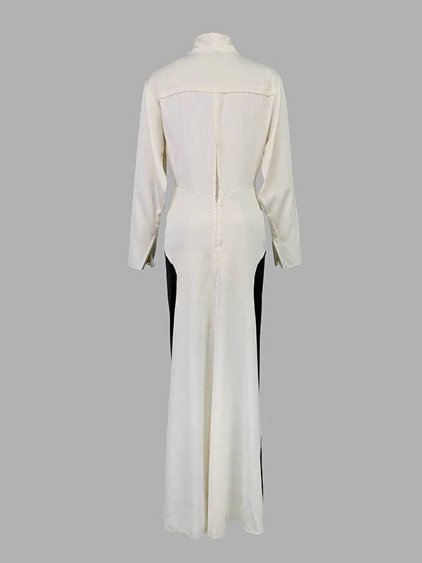 OceanusSwim - Long Sleeves Loose Contrast Color V-Neck Evening Dresses Maxi Dresses