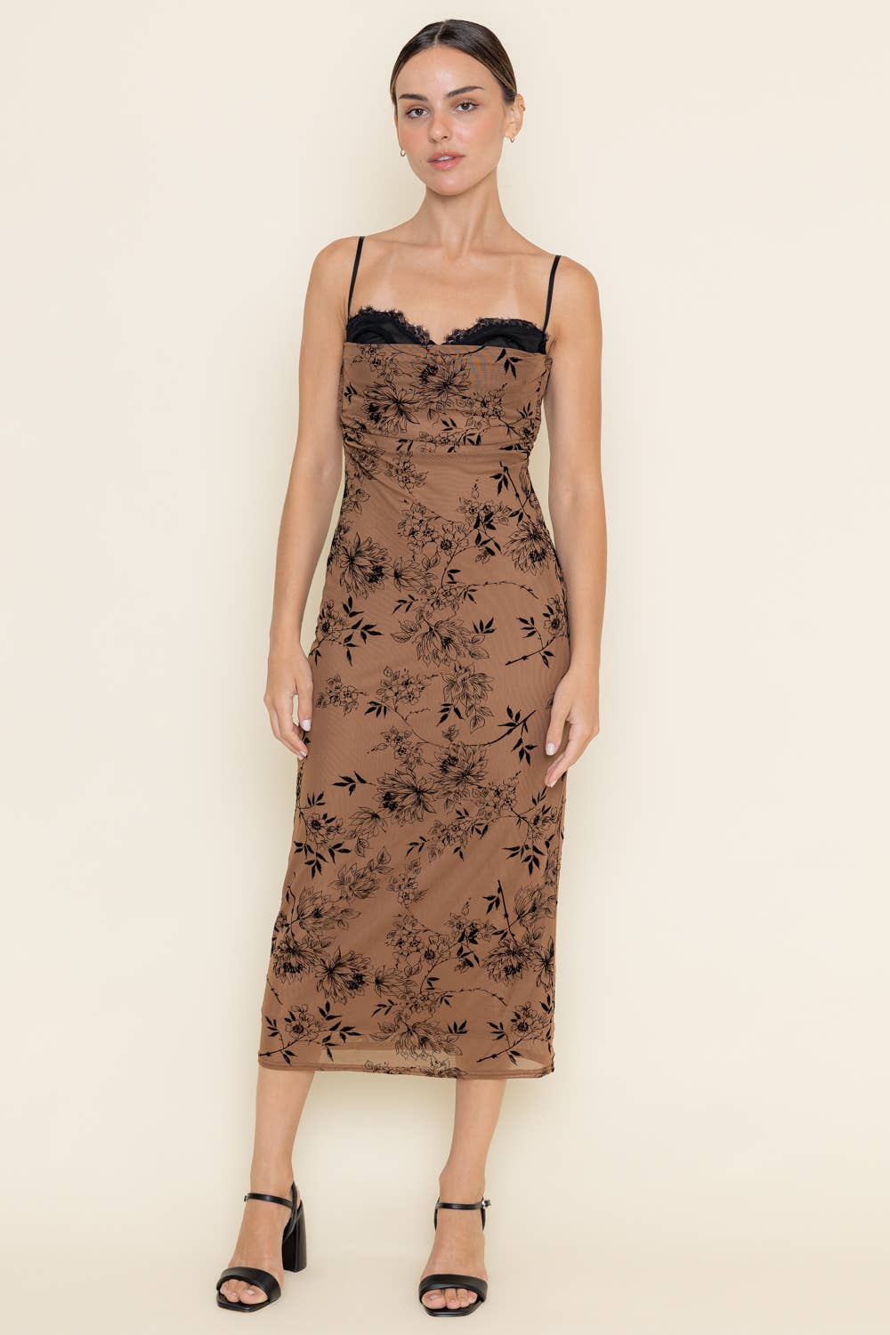 LACE BURN OUT VELVET FLORAL MESH MIDI DRESS