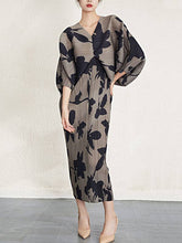 Load image into Gallery viewer, OceanusSwim - Batwing Sleeves Loose Pleated Printed V-Neck Midi Dresses