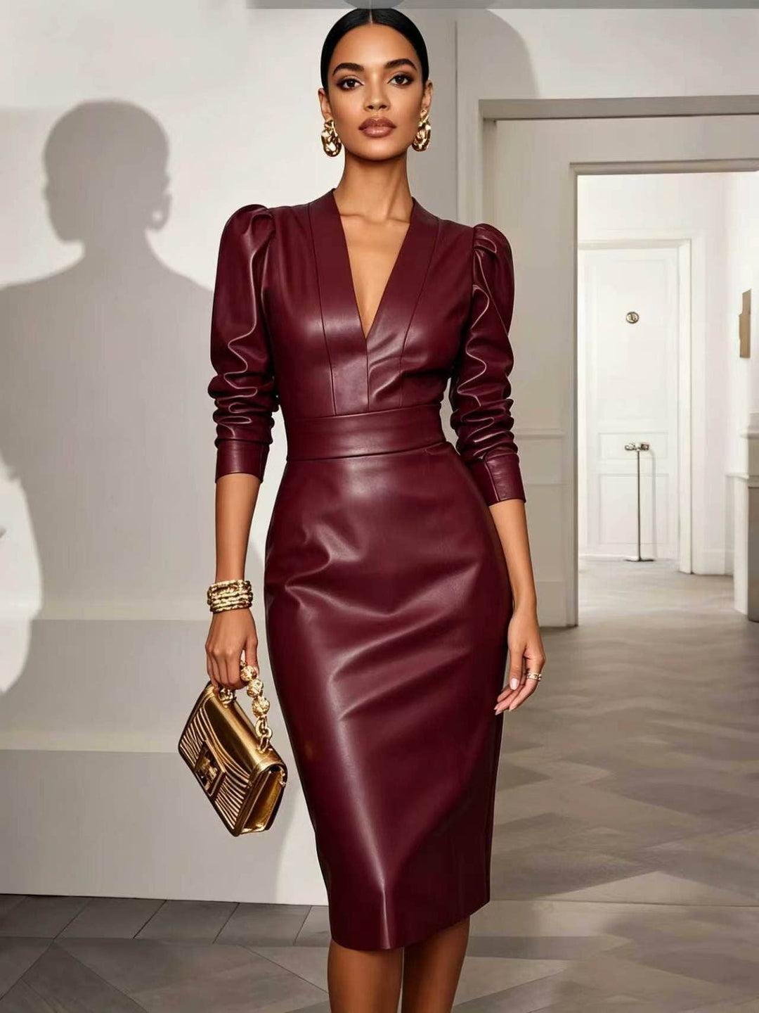 TD Wholesale Apparel - Women's Faux-Leather V-Neck Long-Sleeve Belted Bodycon Midi Dress