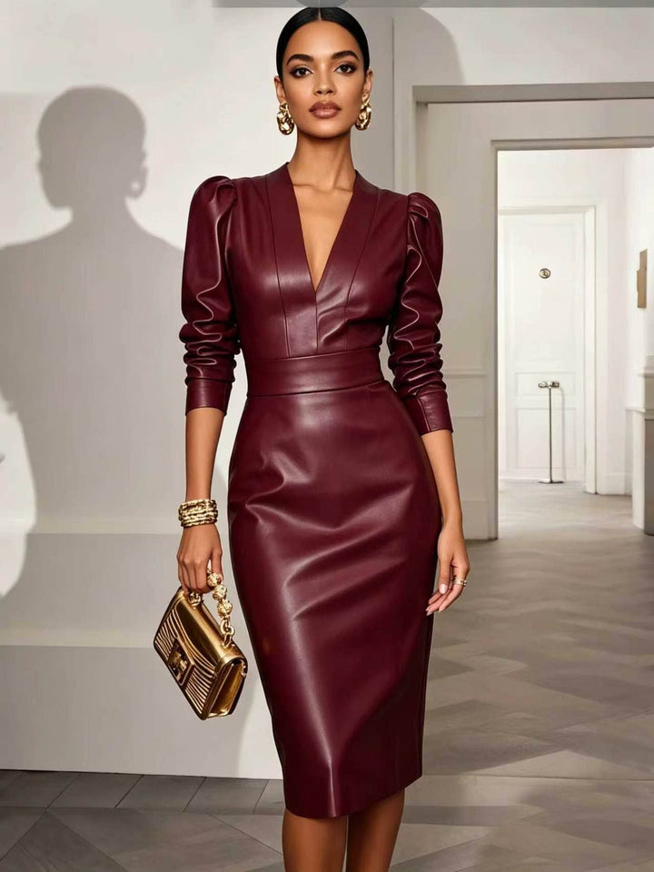 TD Wholesale Apparel - Women's Faux-Leather V-Neck Long-Sleeve Belted Bodycon Midi Dress
