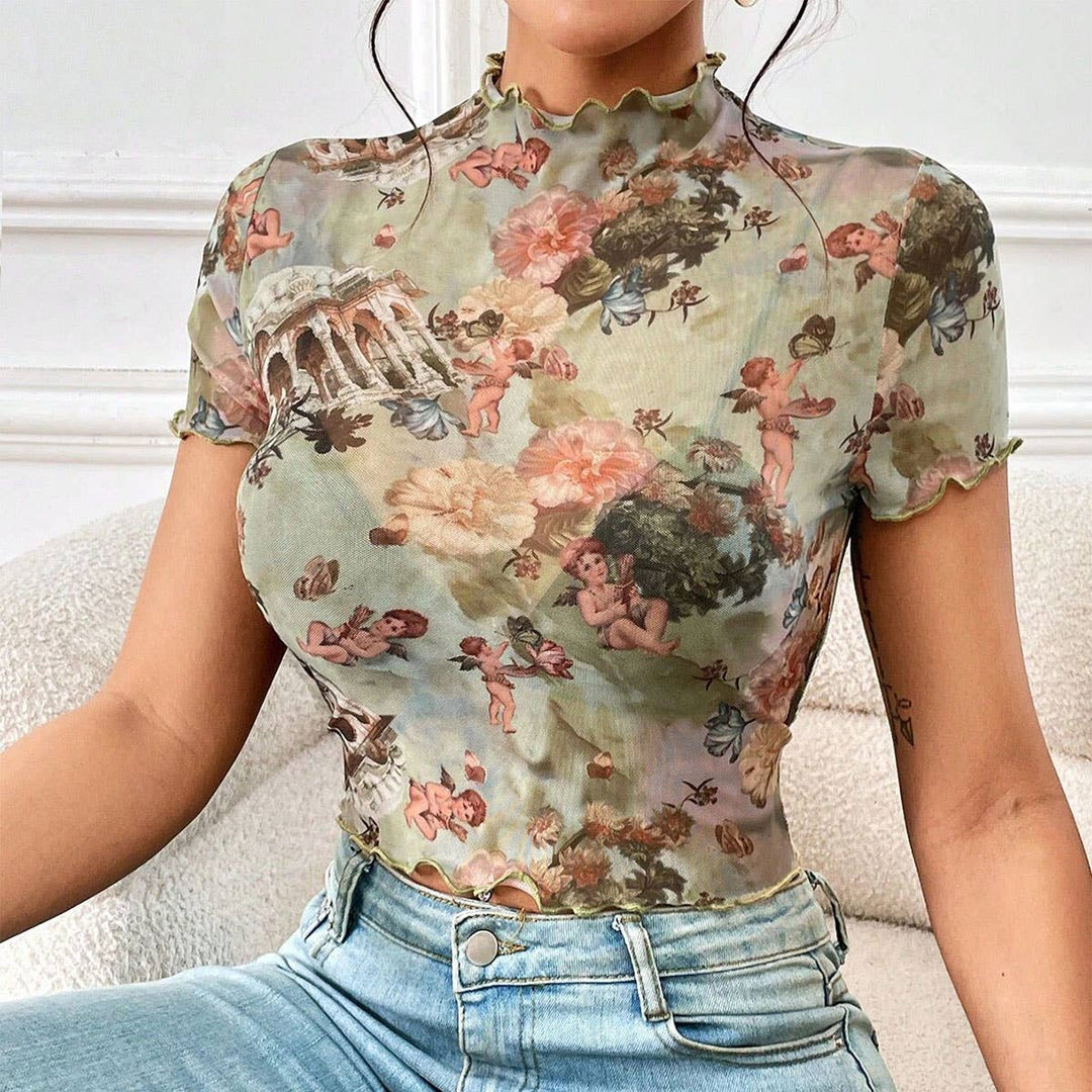 FLORAL PRINT MESH TOP WITH RUFFLE DETAIL