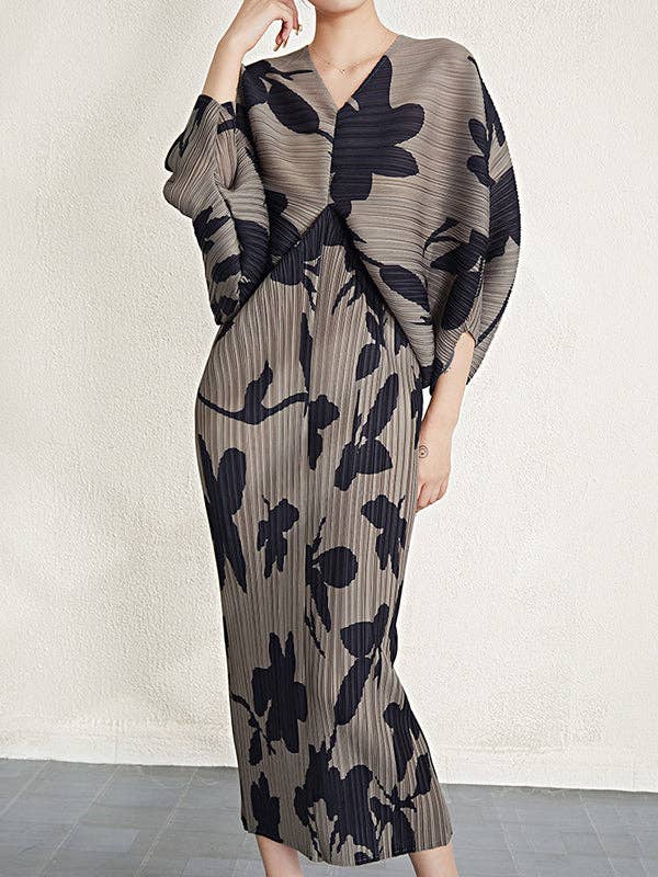 OceanusSwim - Batwing Sleeves Loose Pleated Printed V-Neck Midi Dresses