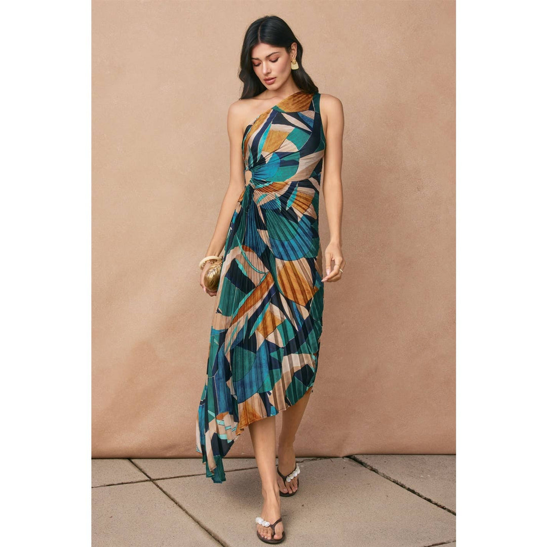 Palm Mirage Asymmetrical Pleated Maxi Dress