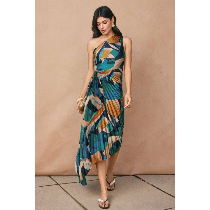 Palm Mirage Asymmetrical Pleated Maxi Dress