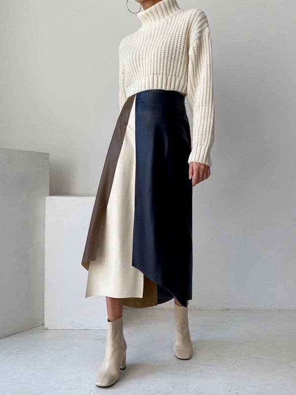 OceanusSwim - A-Line High Waisted Asymmetric Contrast Color Split-Front Skirts Bottoms