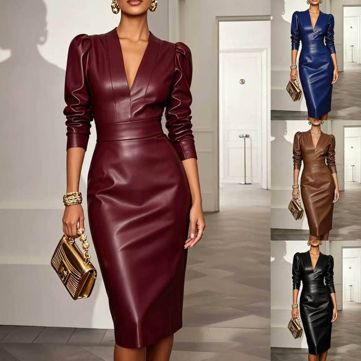 TD Wholesale Apparel - Women's Faux-Leather V-Neck Long-Sleeve Belted Bodycon Midi Dress