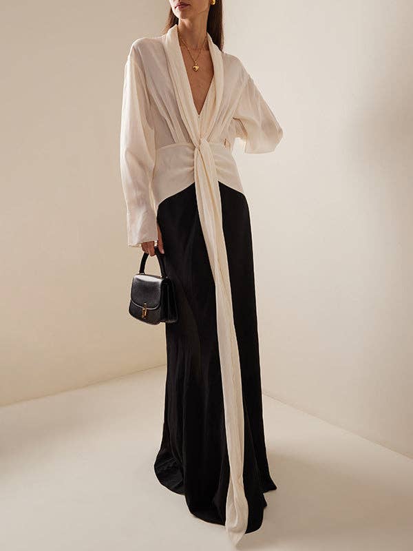 OceanusSwim - Long Sleeves Loose Contrast Color V-Neck Evening Dresses Maxi Dresses
