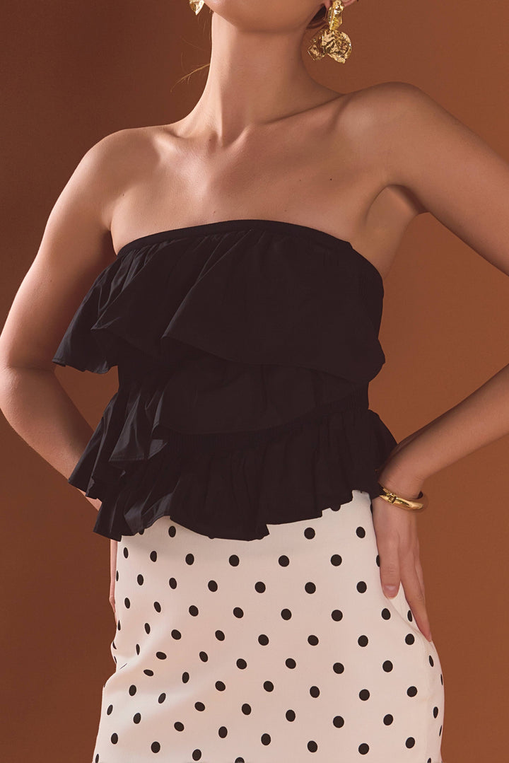 Mixed Media Ruffled Strapless Top