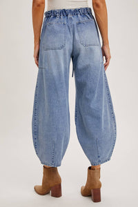 Denim Mid-Waist Drawstring Barrel Jeans