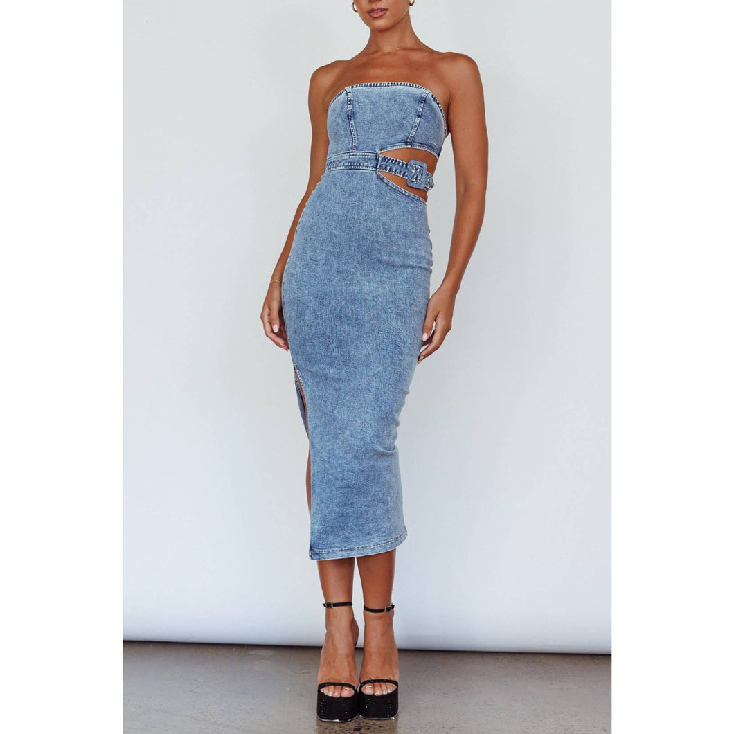 BELTED CUTOUT DENIM MIDI DRESS