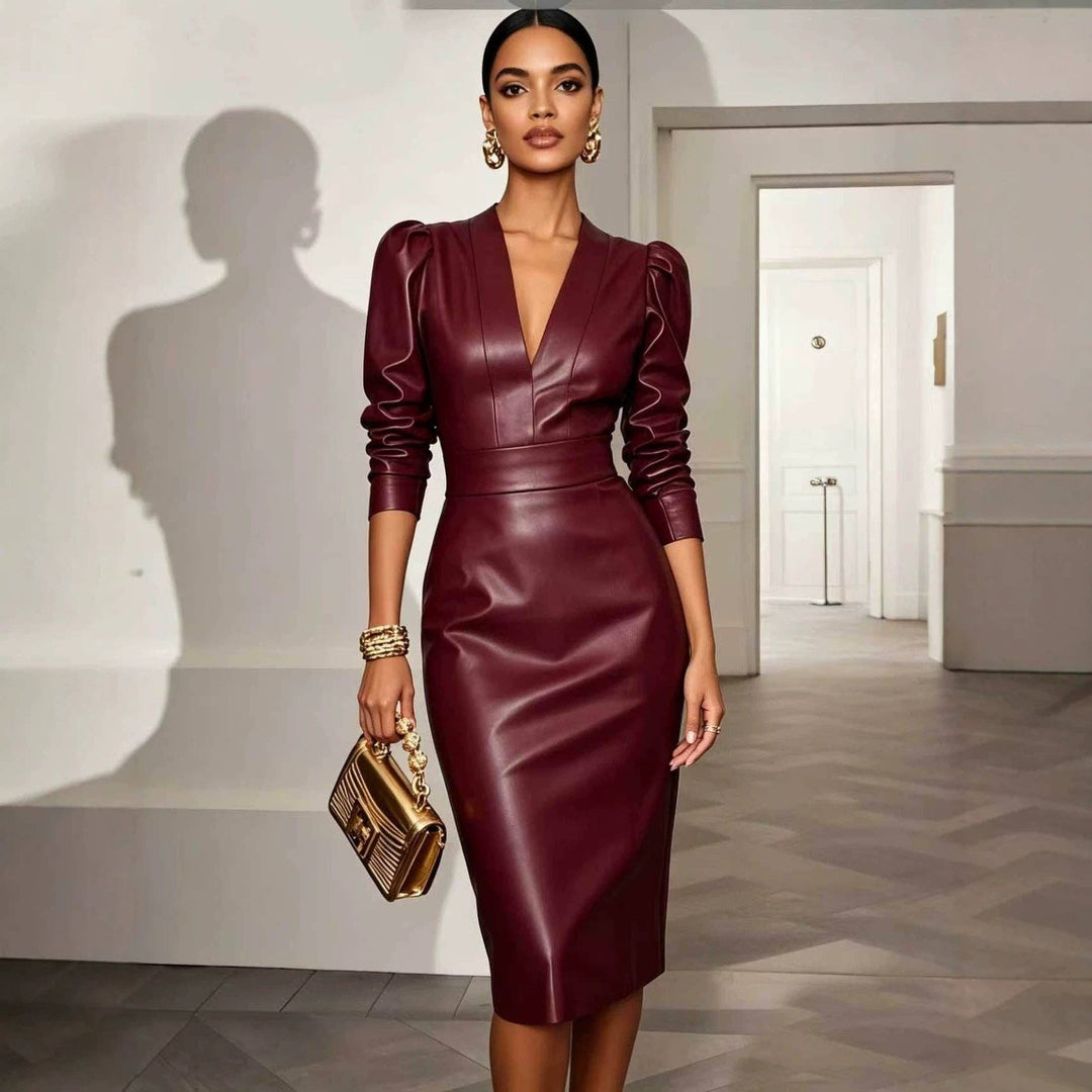 TD Wholesale Apparel - Women's Faux-Leather V-Neck Long-Sleeve Belted Bodycon Midi Dress