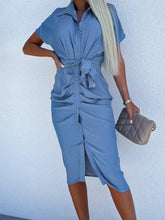 Load image into Gallery viewer, Ruched Shirt Dress in Denim Blue