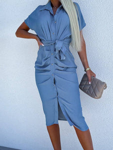 Ruched Shirt Dress in Denim Blue