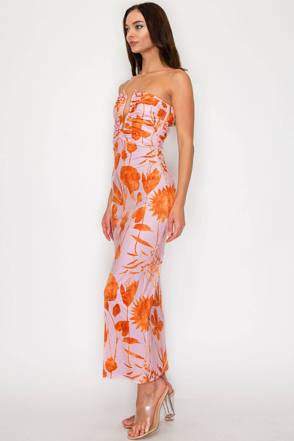 Deep V Ruched Floral Dress