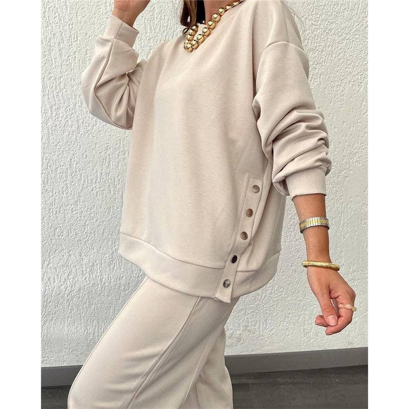 OceanusSwim - Solid Color Crewneck Long Sleeve Sweatshirt And Sport Pants Two Pieces Suit