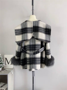 Plaid Cashmere Coat with Faux Fur and Removable Hood