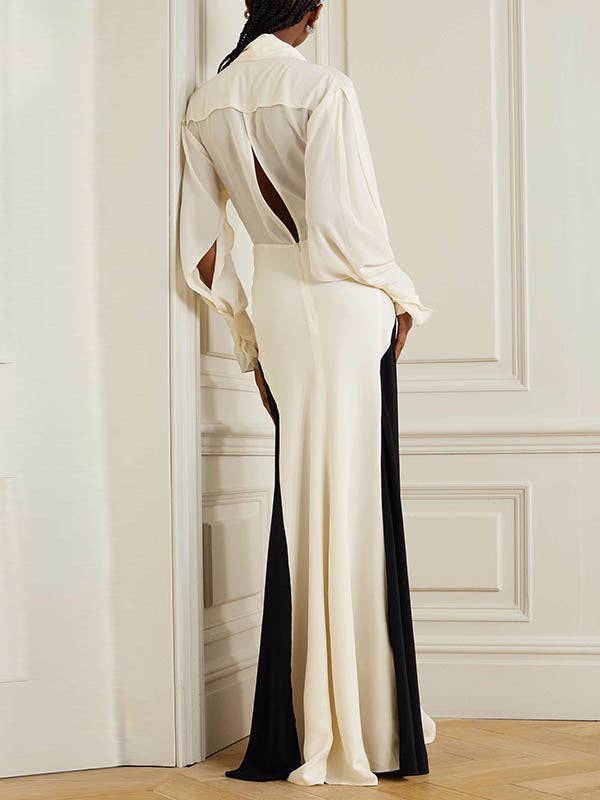 OceanusSwim - Long Sleeves Loose Contrast Color V-Neck Evening Dresses Maxi Dresses