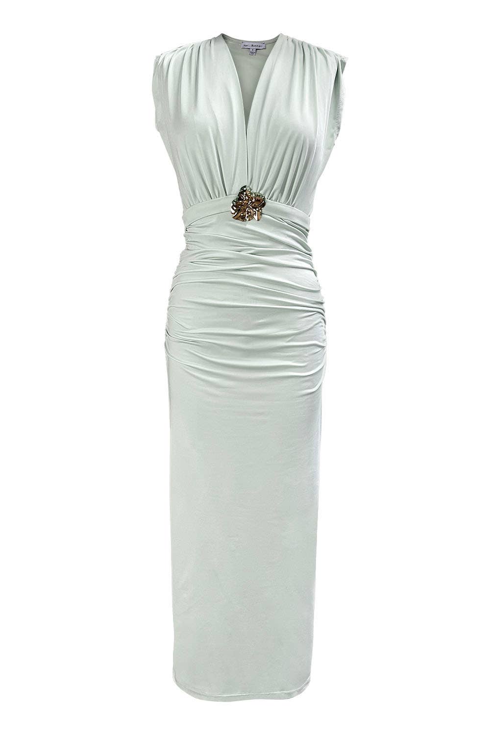 Ruched Midi Dress with Metal Accent