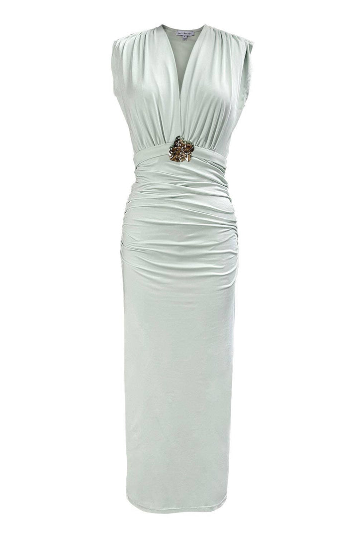 Ruched Midi Dress with Metal Accent