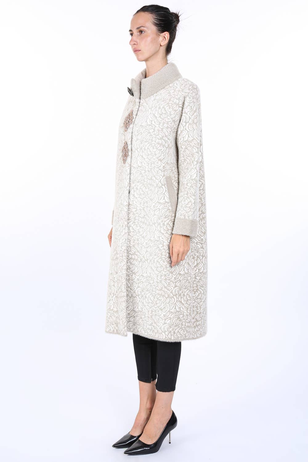 Floral Jacquard Print Embellished Coat-Biege