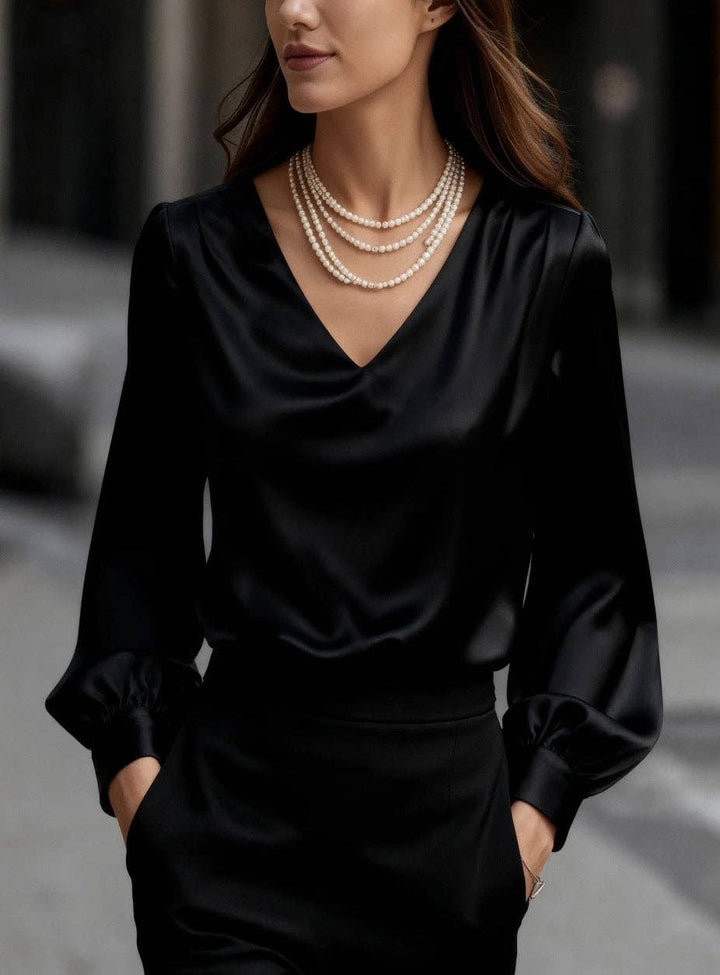 TD Wholesale Apparel - Women's Satin V-Neck Long-Sleeve Puff-Sleeve Blouse