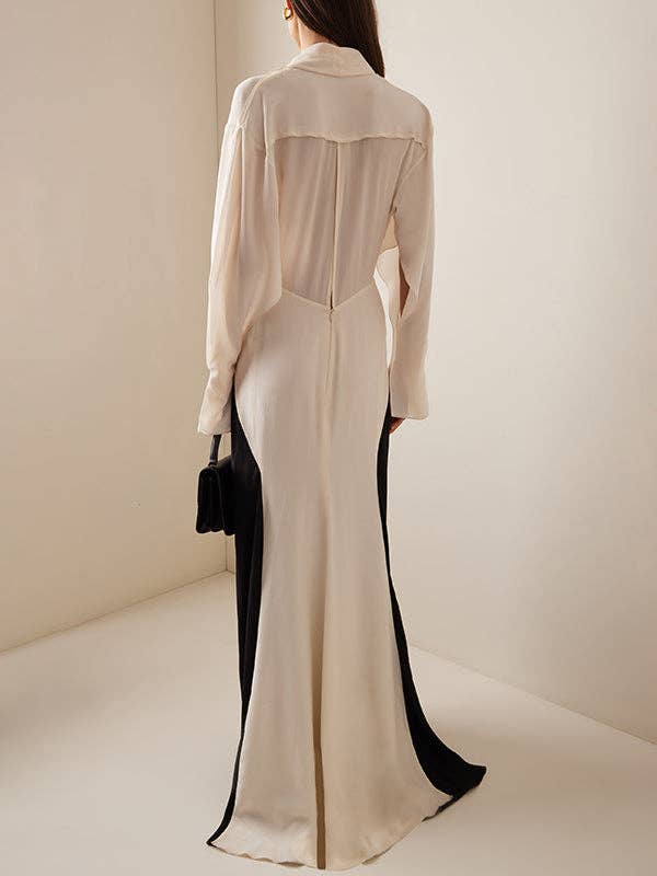 OceanusSwim - Long Sleeves Loose Contrast Color V-Neck Evening Dresses Maxi Dresses