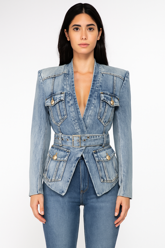 Belted Washed Denim Blazer