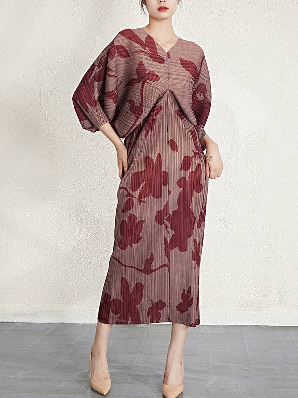 OceanusSwim - Batwing Sleeves Loose Pleated Printed V-Neck Midi Dresses