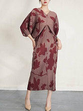 Load image into Gallery viewer, OceanusSwim - Batwing Sleeves Loose Pleated Printed V-Neck Midi Dresses