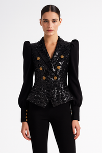 Black Sequin Patchwork Puff Sleeve Retro Jacket