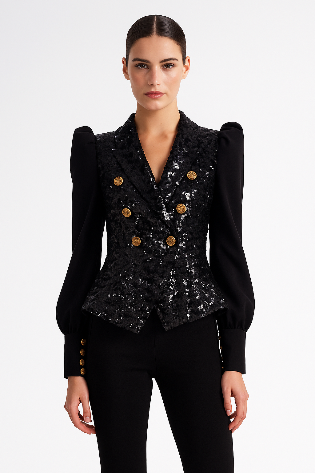 Black Sequin Patchwork Puff Sleeve Retro Jacket