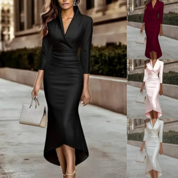 TD Wholesale Apparel - Women's Satin V-Neck Long-Sleeve Dress