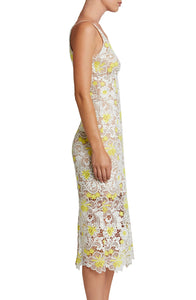 Yellow and White Lace Dress w Nude Underlay