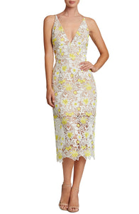 Yellow and White Lace Dress w Nude Underlay